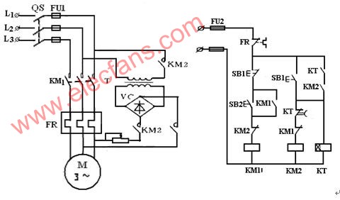 時間原則控制的單向能耗制動控制線路 文章來源:http://m.makelele.cn