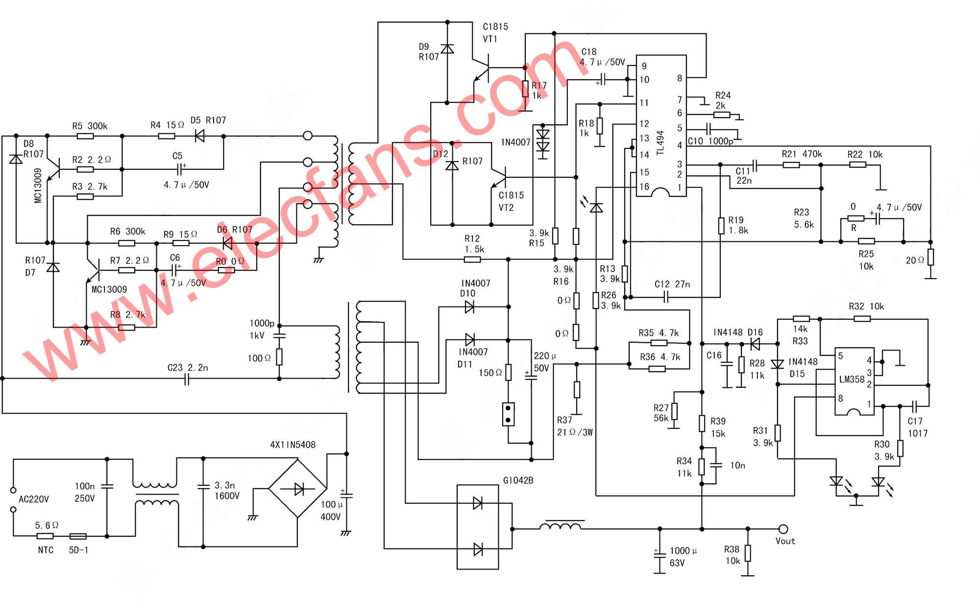 TL494電動(dòng)車充電器電路圖 文章來源:http://m.makelele.cn
