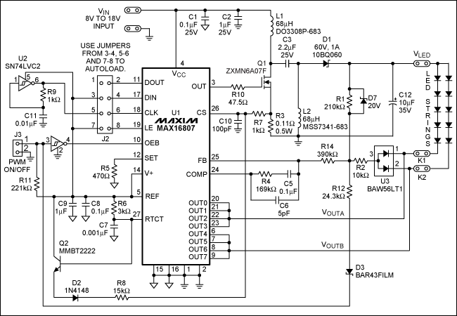 圖2. 采用MAX16807 SEPIC LED驅(qū)動器的圖1電路原理圖(VIN = 8V至18V，VLED = 22V [自適應(yīng)]，ILED = 150mA/串)。