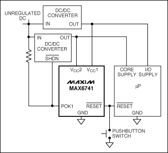 圖9. MAX6741監(jiān)測(cè)兩路電壓，任何一路電壓跌落到門限以下時(shí)將產(chǎn)生復(fù)位信號(hào)。