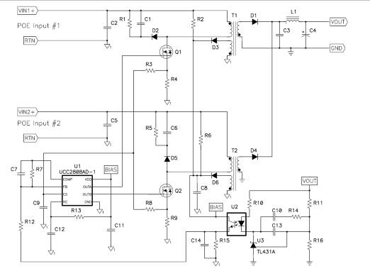圖1：推挽式控制器驅(qū)動(dòng)交錯(cuò)式返馳。