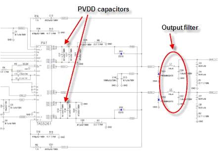 TAS5261 參考設計的 PVDD 電容及輸出 LC 濾波器等組件