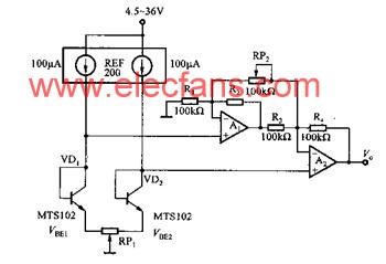 測(cè)量?jī)蓚€(gè)溫敏二極管MTS102溫度差的測(cè)量電路 http://m.makelele.cn