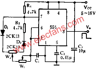 時(shí)基集成電路組成占空比連續(xù)可調(diào)的脈沖發(fā)生器電路圖 m.makelele.cn