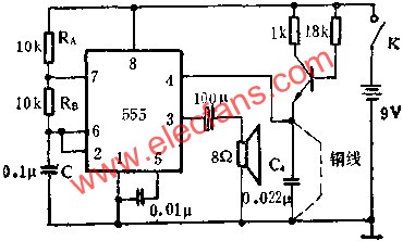 時(shí)基集成電路組成防盜報(bào)警器電路圖 m.makelele.cn