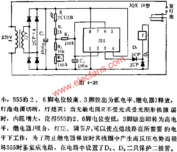 時(shí)基集成電路組成照明燈自動(dòng)點(diǎn)熄器電路圖 m.makelele.cn