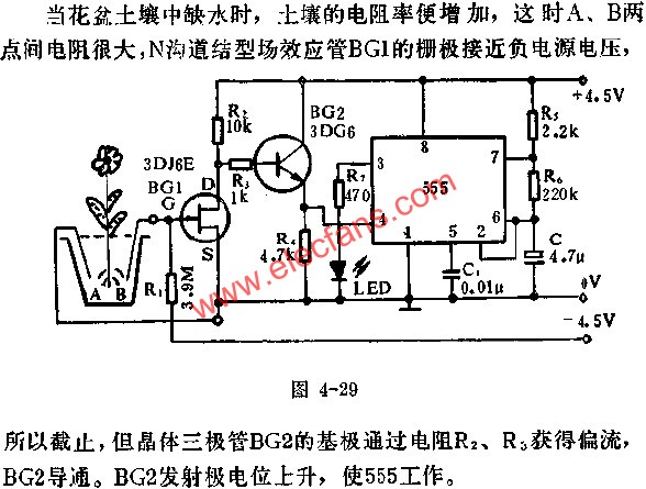 時(shí)基集成電路組成盆花缺水指示器電路圖  m.makelele.cn