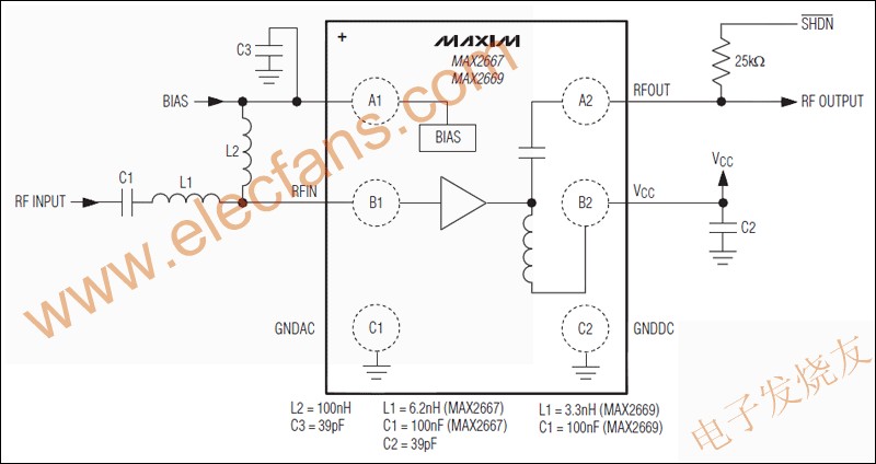 MAX2667/MAX2669高增益，低噪聲放大器(LNA)  來源： 電子發(fā)燒友
