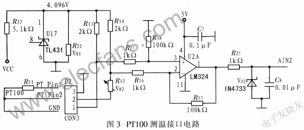 鉑電阻PT100溫度信號測溫電路 m.makelele.cn