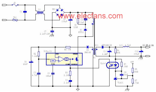 VIPer53設(shè)計的12V/3A 的副邊反饋的開關(guān)電源電路
