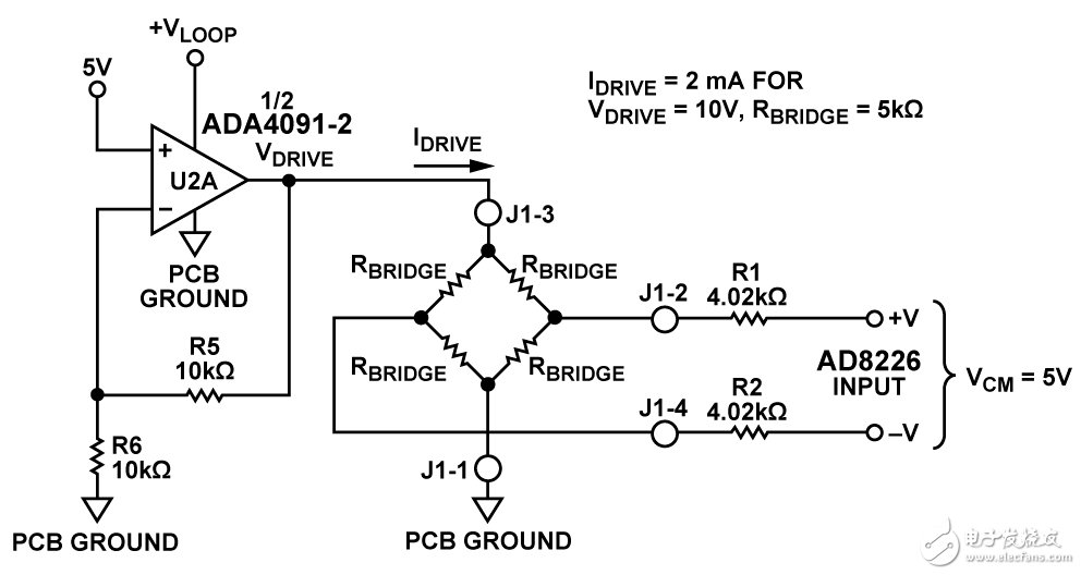 圖2. 傳感器電壓驅動配置（RBRIDGE=5kΩ、VDRIVE=10V