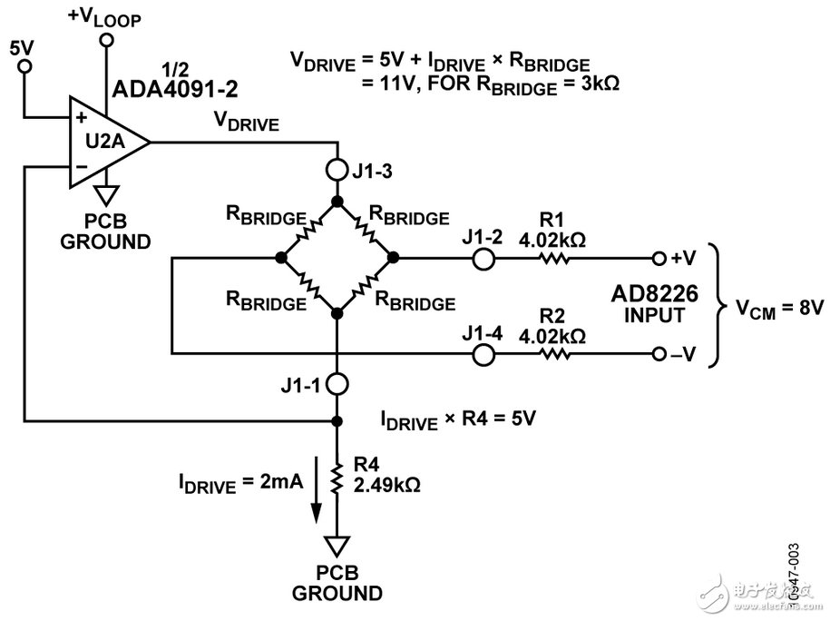 圖3. 傳感器電流驅動配置（RBRIDGE = 3 kΩ）