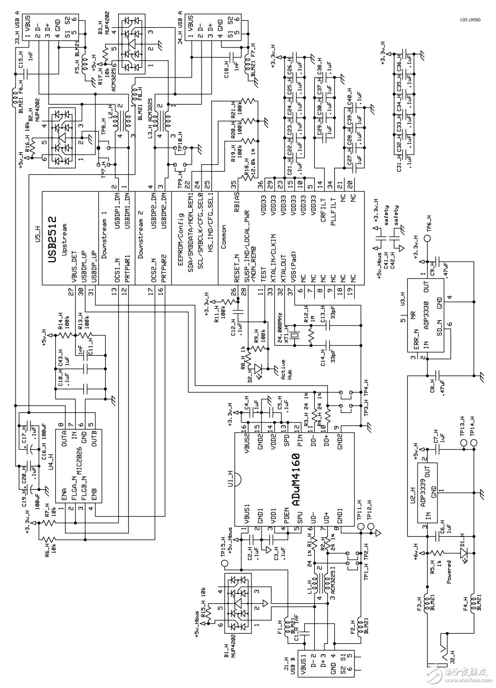 圖1. 隔離USB集線器電路
