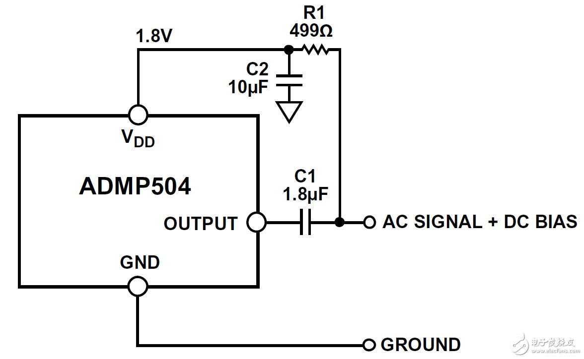 圖4. 采用ADMP504 MEMS麥克風(fēng)的電路
