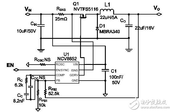  NCV8852   5V，2.5A 車載USB電源設(shè)計(jì)實(shí)例電路圖