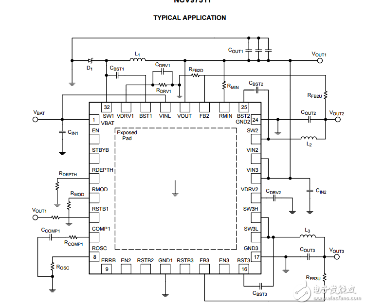 汽車蓄電池連接低智商的多輸出電源管理單元3降壓穩(wěn)壓器NCV97311MW50R2G