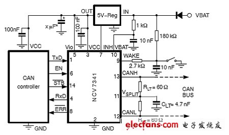 圖2：采用NCV7341的5V CAN控制器應(yīng)用電路圖。（電子系統(tǒng)設(shè)計(jì)）