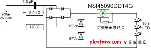 NSI45090DDT4G CCR在驅(qū)動LED T8燈管應(yīng)用中的電路圖