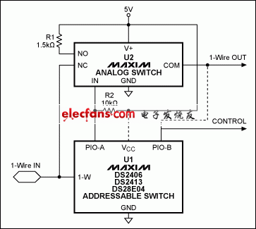 圖7. DS2409部分替代電路，U1可以選用DS2406、DS2413或DS28E04