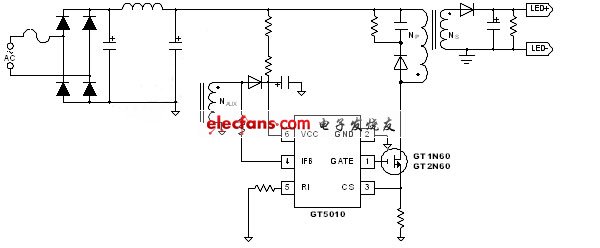 圖一、聚辰GT5010 LED線路示意圖。(電子系統(tǒng)設(shè)計)