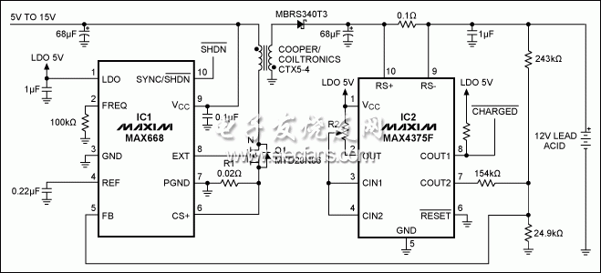 圖1。 這鉛酸電池充電器，適用于高電壓（15V），直到電池充電，然后適用于13.4V保持一個(gè)小的涓流充電。