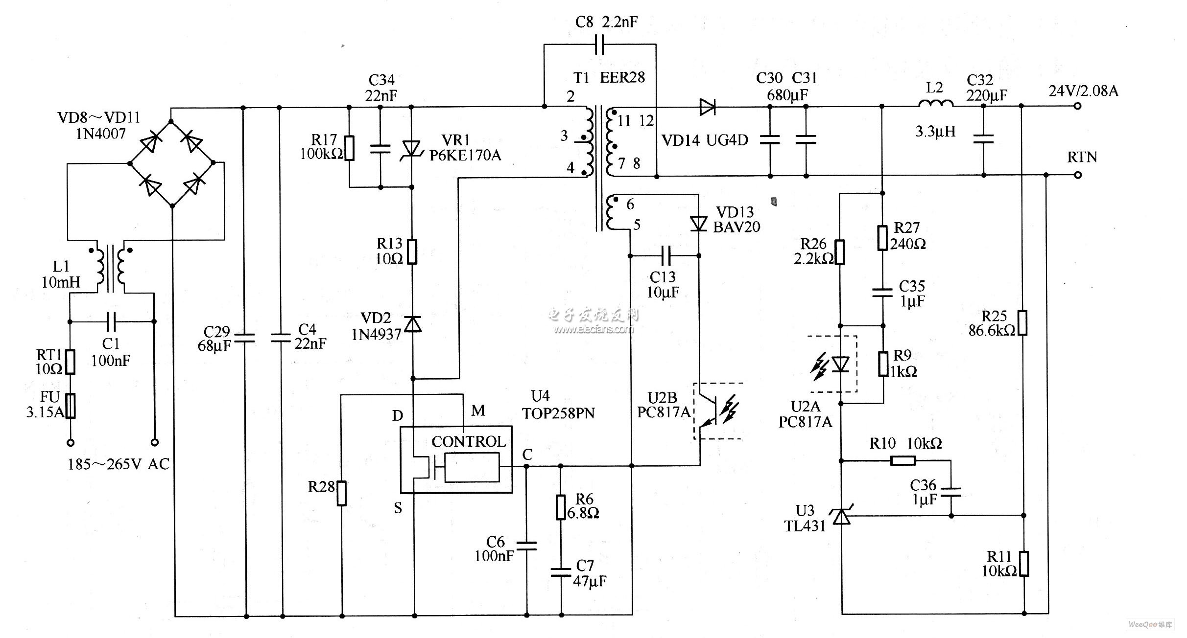50W輸出開(kāi)關(guān)電源電路