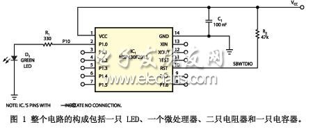 整個電路的構(gòu)成包括一只 LED、一個微處理器、二只電阻器和一只電容器