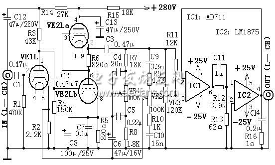 具有音調(diào)控制功能的25W 混合式Hi-Fi 放大器電路圖