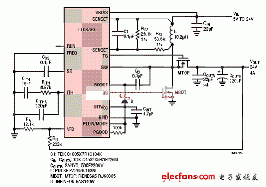 采用電感DCR電流檢測的LTC3786升壓轉(zhuǎn)換器電路