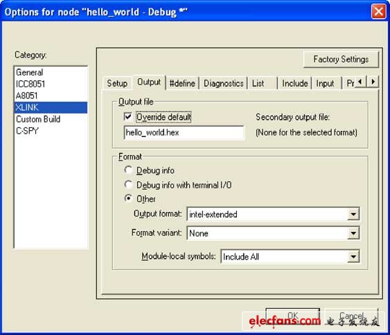 圖2. 選擇新的IAR 8051項(xiàng)目的XLINK Output選項(xiàng)。