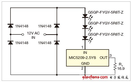 圖1 一只低價(jià)穩(wěn)壓器是這個(gè)LED限流器的核心