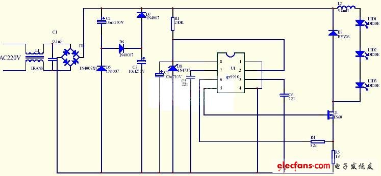 QX9910構(gòu)成的高壓LED驅(qū)動(dòng)電路