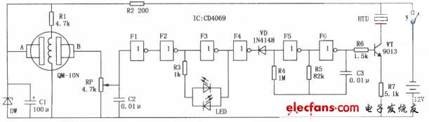 CD4069構(gòu)成的沼氣泄漏報(bào)警器電路