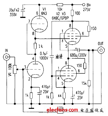 6N9C無輸出變壓器的耳機(jī)放大器電路