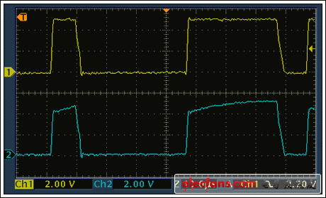 圖10. 安裝C1時的通信波形：適配器信號(上部)、受保護從器件(下部)。