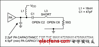 圖4. MAX7044EVKIT工作在868MHz時的簡單諧振電路匹配網(wǎng)絡(luò)
