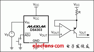 圖1. 利用DS4303和幾個(gè)低成本元件構(gòu)建高精度電流源