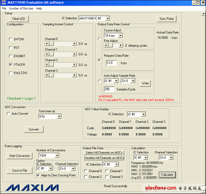 圖4. MAX11040EVKIT GUI允許用戶方便地設置各種測量條件：12.8ksps、256采樣點/周期和1024次轉換。此外，GUI的計算部分提供了一個進行快速工程運算的便捷工具。