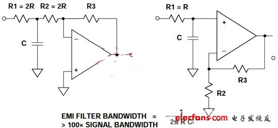 用于運(yùn)算放大器電路的簡(jiǎn)單EMI/RFI噪聲濾波器