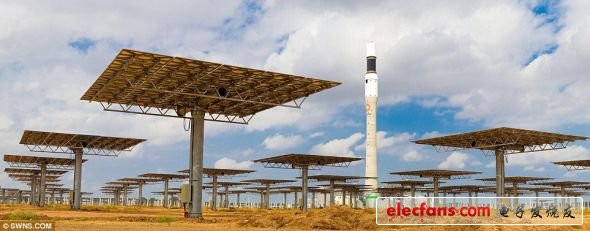 鏡面面板：日光反射裝置聚焦所獲得的能量可以將熔鹽池加熱到900多攝氏度的高溫，從而產(chǎn)生蒸汽為發(fā)電渦輪機(jī)提供動(dòng)力。