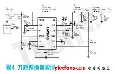 LM3430所執(zhí)行的升壓轉(zhuǎn)換器圖解，以下是選擇主要元件細(xì)節(jié)的說明