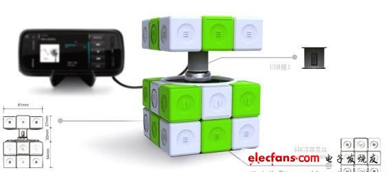  魔方概念充電器，魔方由電磁感應(yīng)發(fā)電裝置和蓄電池組成，扭動(dòng)魔方的任何一面，都會(huì)通過(guò)電磁感應(yīng)產(chǎn)生電能