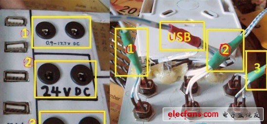 在每一個(gè)DC母座上都焊好線，準(zhǔn)備下一步的并聯(lián)