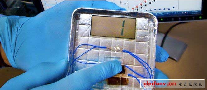 用M13噬菌體制造的1cm見(jiàn)方薄膜。用手指敲擊該薄膜，液晶面板上就會(huì)顯示出“1”