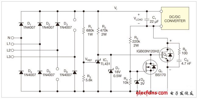 圖1,三相整流器使用了一只開關(guān)IGBT和一只電容，將電壓降低到標(biāo)準(zhǔn)離線dc/dc轉(zhuǎn)換器范圍內(nèi)。