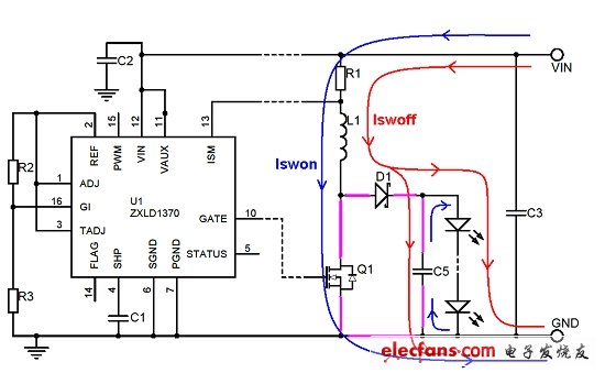圖5:ZXLD1370升壓LED驅(qū)動(dòng)器的開關(guān)電流路徑。