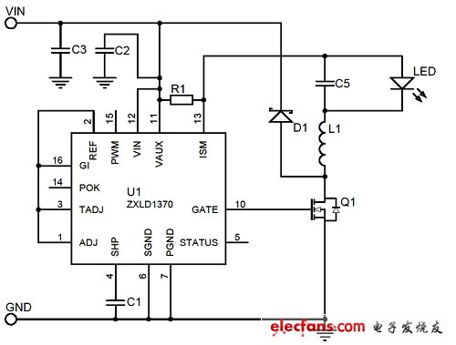 圖1:ZXLD1370降壓LED驅(qū)動器的原理圖。
