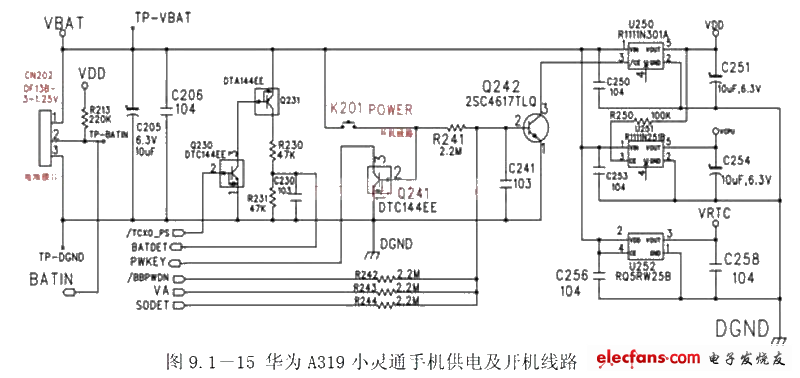 華為A319小靈通手機(jī)開(kāi)機(jī)電路原理電路圖