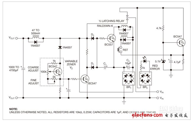 圖1，這個保護(hù)電路的核心是雙穩(wěn)鎖存繼電器，防止負(fù)載因過壓和錯誤極性而遭損壞。