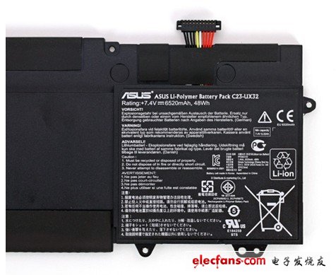 UX32VD的電池是7.4V，6520毫安，中280.5克，相當(dāng)于該本子重量的20%